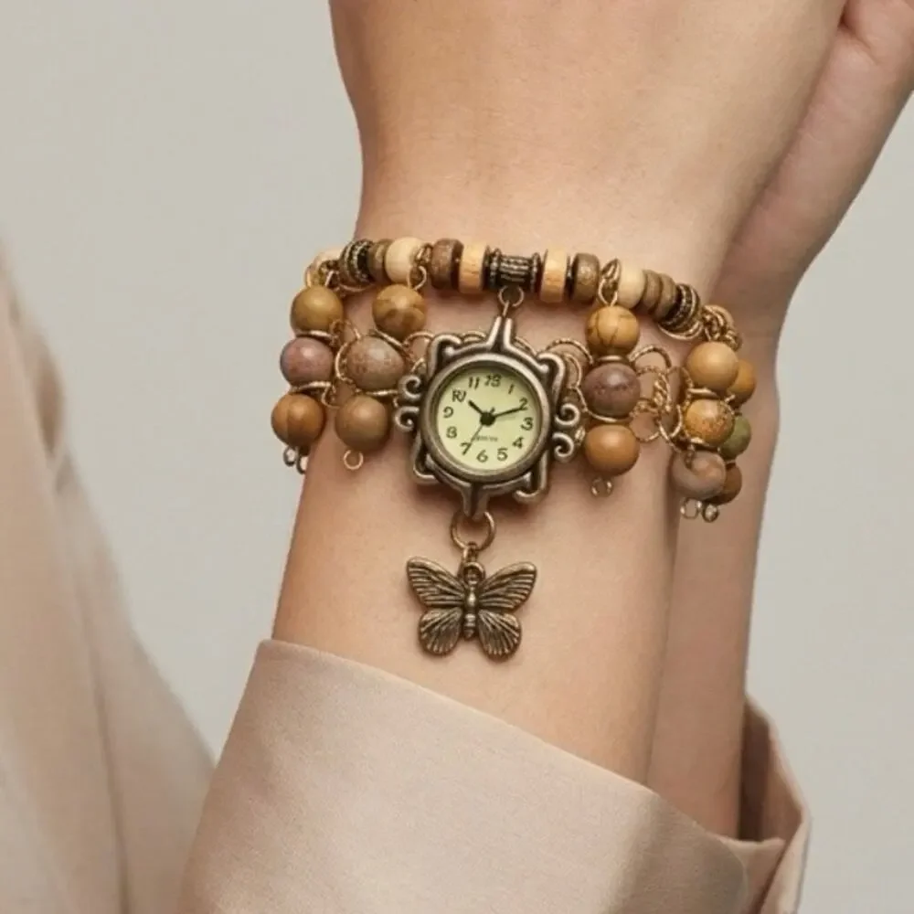 Handmade Boho Butterfly Watch Bracelet NEW Battery Wood & Stone Bead Cuff